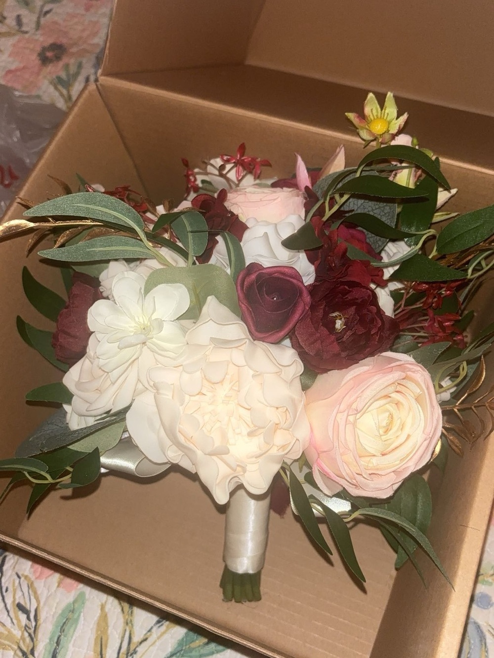 Silk Bridal Bouquet in Blush, Cream & Burgundy